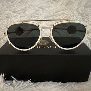 Versace White Frame Gold Trim Aviator Sunglasses with Dark Lenses